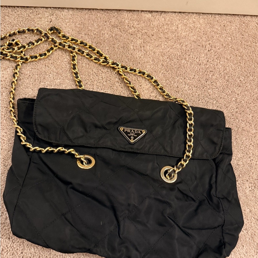 Vintage Prada Black Shoulder Bag with Gold Chain